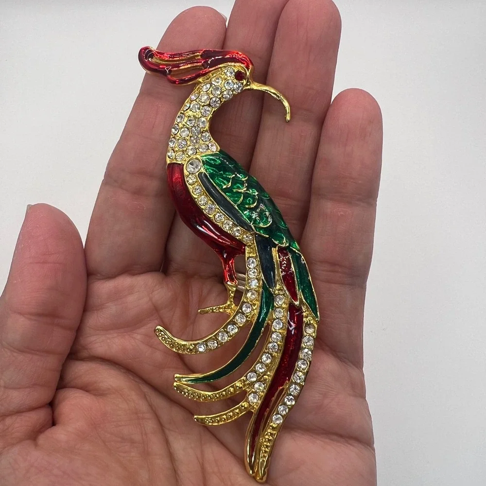 Vintage Phoenix Bird Brooch Gold Tone Red Green Enamel Rhinestone Long Tail Pin